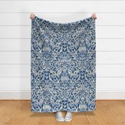 large ikat acanthus scroll on deep blue