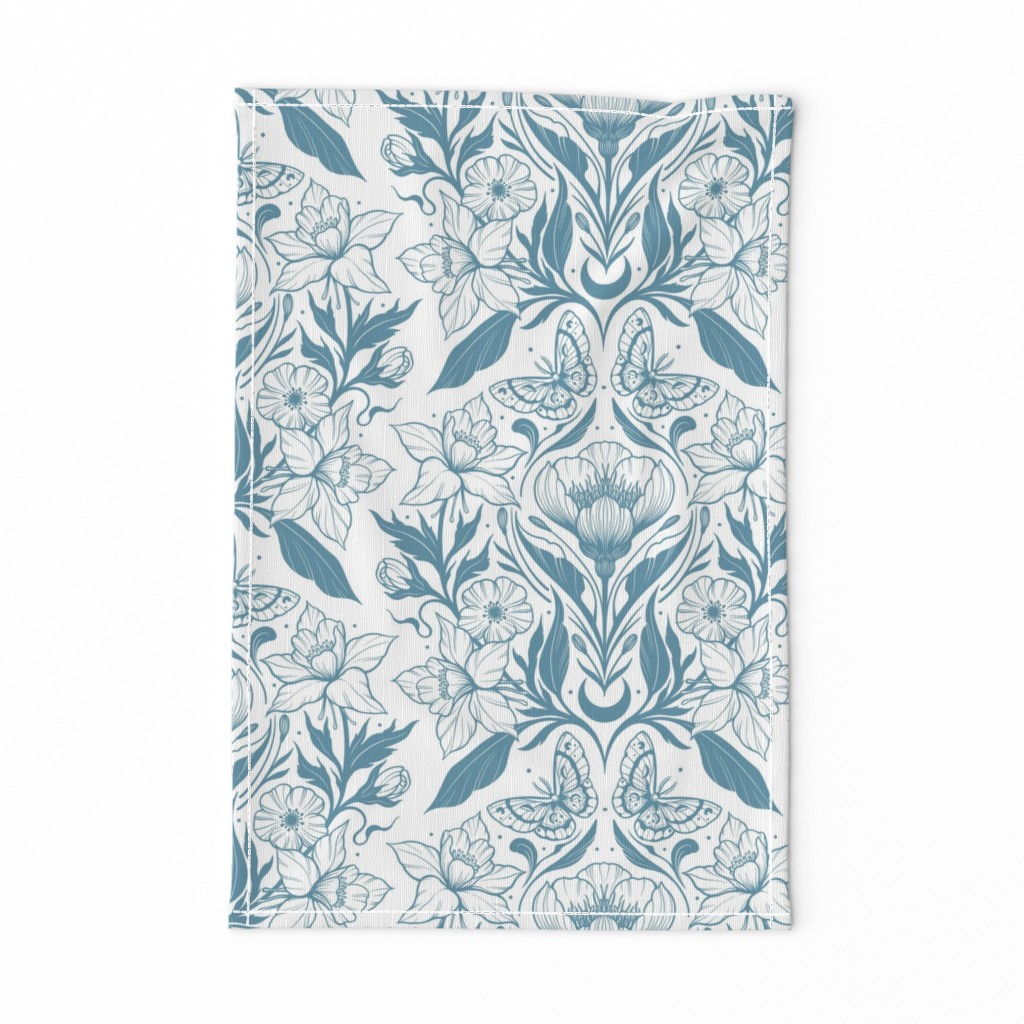 Large Scale Damask Florals and Butterflies | Monochrome Blue and White