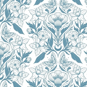 Large Scale Damask Florals and Butterflies | Monochrome Blue and White