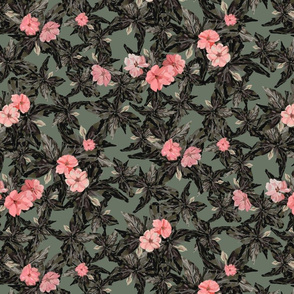 Vintage Pink Flowers  - Small Scale(Green)