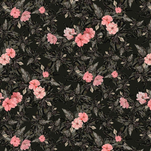 Vintage Pink Flowers - Small Scale (Blackout Green)