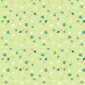 Floral with Birds on Green