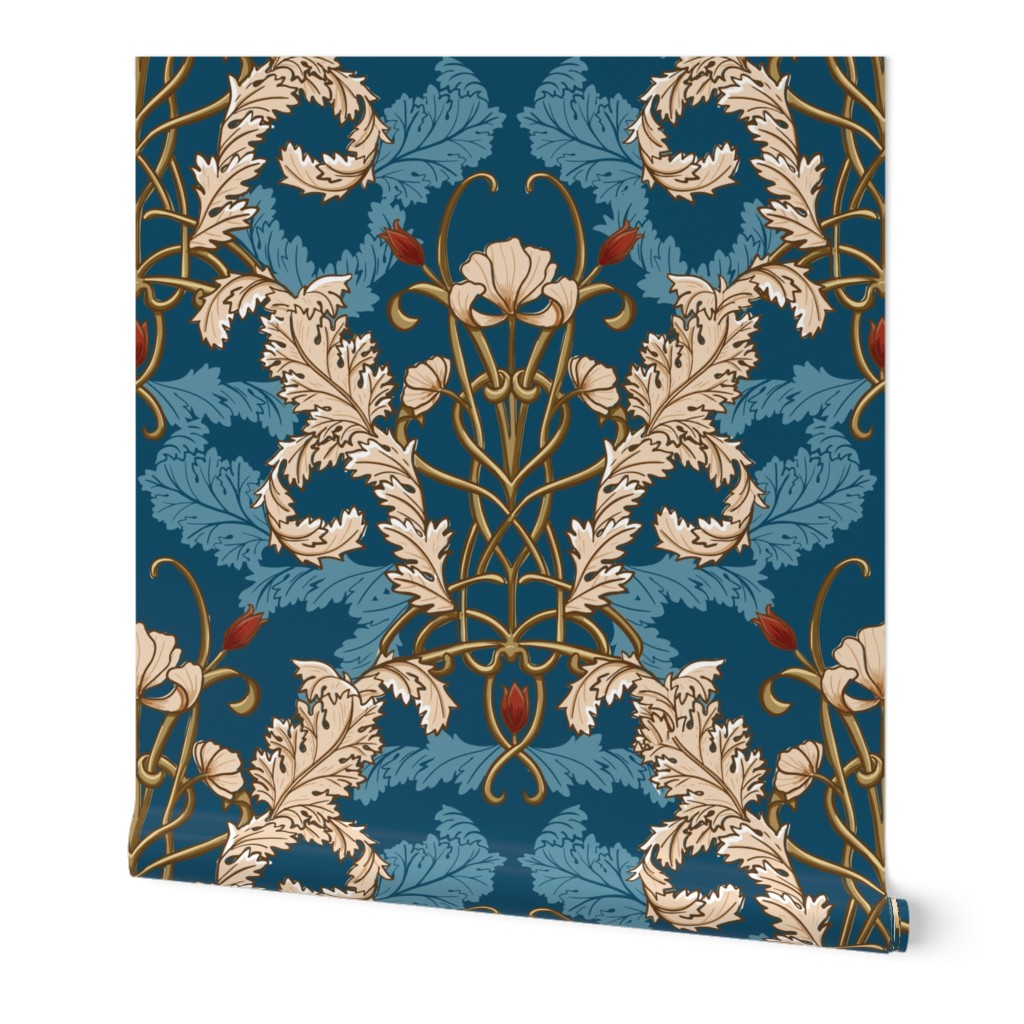 Art nouveau large scale Victorian wallpaper peacock