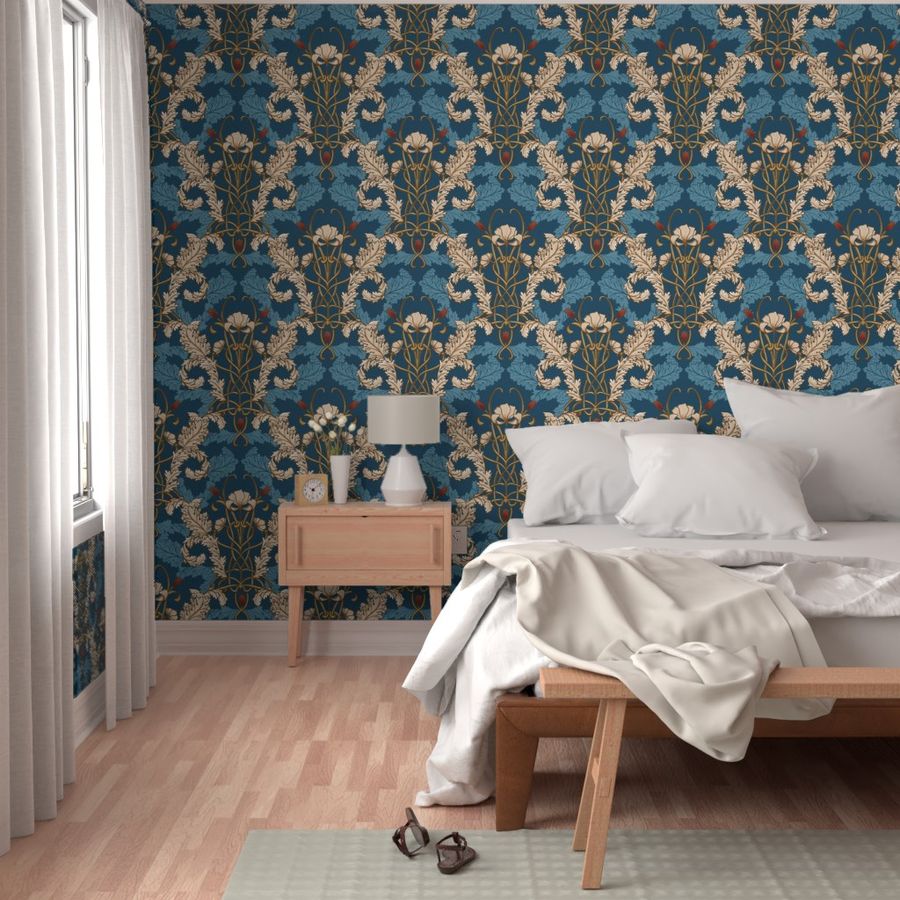 Art nouveau large scale Victorian wallpaper peacock