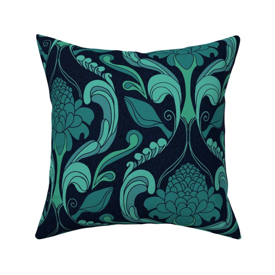 Tropical Damask Torch Ginger-dark bluegreen linen and mauve