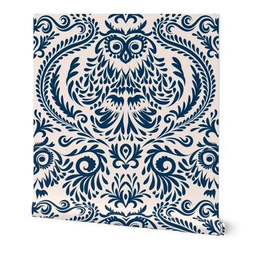Removable Water-Activated Wallpaper Seahorse Damask White Teal 1 