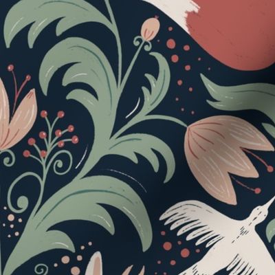 Woodland Folklore Damask - fox, bird, jackalope - large scale