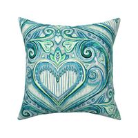 Valentine Blues Heart Damask with Faux Linen Texture
