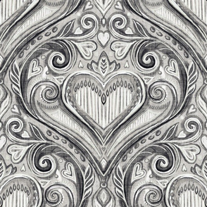 Monochrome Valentine Heart Damask with Faux Linen Texture