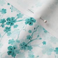 Bright Aqua Blue Pastel Watercolor Cherry Blossom Flowers and Vines