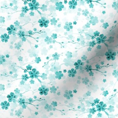 Bright Aqua Blue Pastel Watercolor Cherry Blossom Flowers and Vines