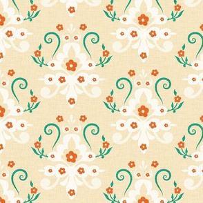 Modern Damask Beige Orange Green Small Scale