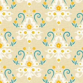 Modern Damask Beige Yellow Blue Small Scale