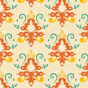 Modern Damask Orange Burnt Green Small Scale