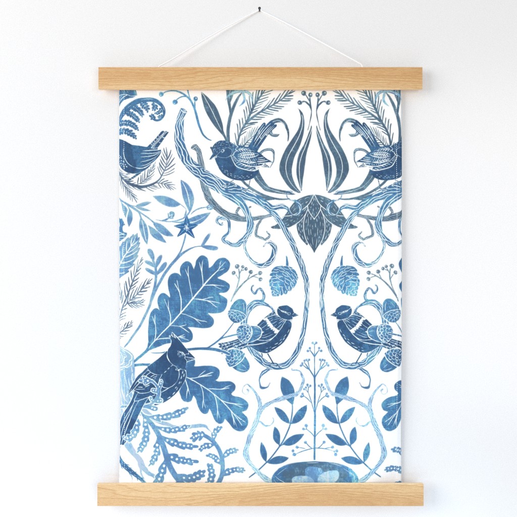 Birds in Thicket - Woodland Damask - Blue
