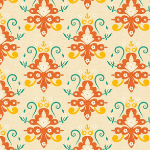 Modern Damask Orange Burnt Green