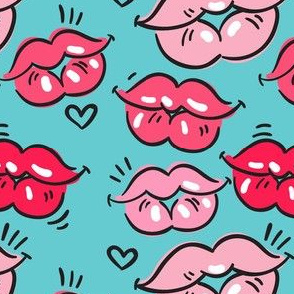 Valentines Day Kisses, Lips, Teal, Valentines Day Fabric, Valentines Day - Valentines Day - Valentines Day Fabric