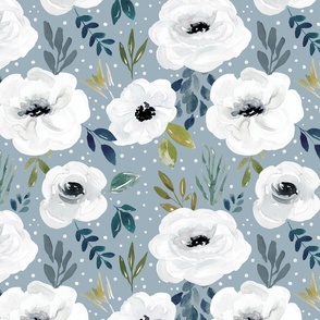 Avaleigh White Watercolor Floral on Blue with Dots 12 inch