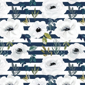 Avaleigh White Watercolor Floral with Navy Blue Stripes 12 inch