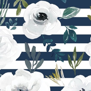 Avaleigh White Floral on Navy Blue Stripes  24 inch