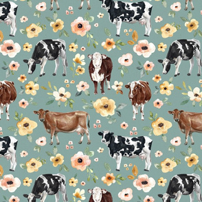 Hand-painted Cows and Flowers on Blue - Large
