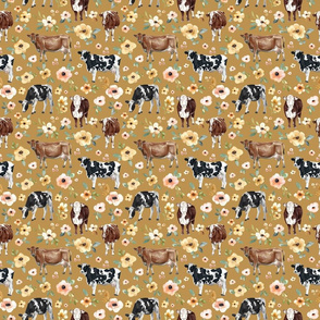 Golden Yellow Cows and Flowers  - Medium