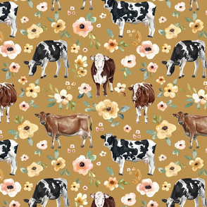 Golden Yellow Cows and Flowers  - Large