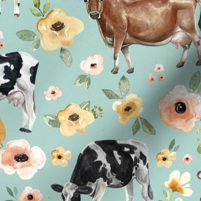 Realistic Cows and Flowers on Aqua - Large