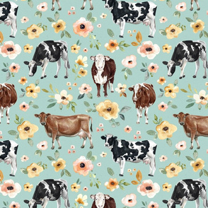 Realistic Cows and Flowers on Aqua - Large