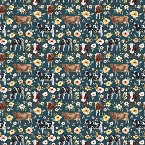 Flowers and Cows on Navy Blue - Medium