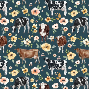 Flowers and Cows on Navy Blue - Large