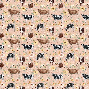 Farmhouse Cows and Sunrise Floral on Pink Dots - Medium
