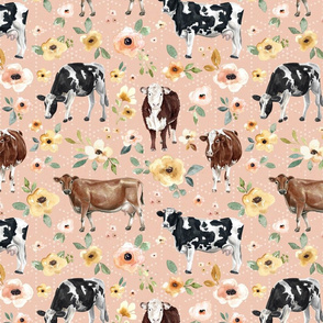 Farmhouse Cows and Sunrise Floral on Pink Dots - Large