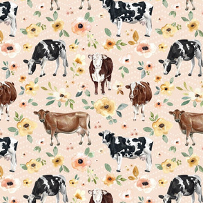Watercolor Cows and Yellow Flowers on Blush Pink - Large
