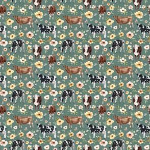 Yellow Flowers and Cows on Teal - Medium