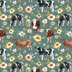 Yellow Flowers and Cows on Teal - Large