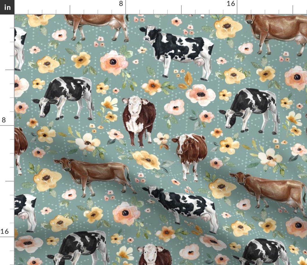 Farmhouse Blue Cows and Flowers - Large
