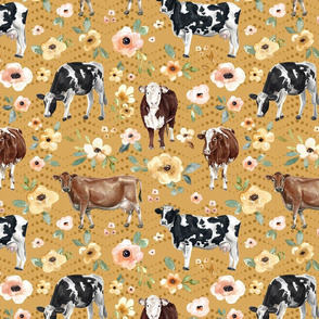 Cows and Flowers on Mustard Yellow - Large