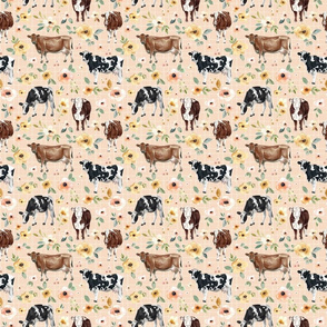 Cows and Sunrise Floral on Peach Pink - Medium
