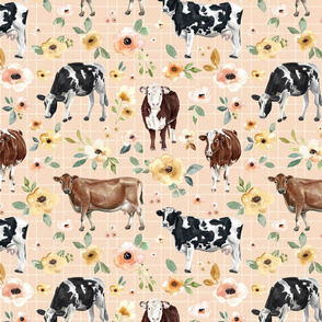Cows and Sunrise Floral on Peach Pink - Large