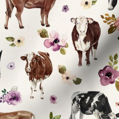 Boho Farmhouse Cows with Purple Flowers - Large