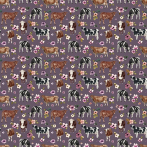 Cows and Purple Flowers on Dark Purple - Medium