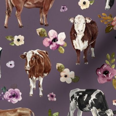 Cows and Purple Flowers on Dark Purple - Large