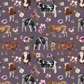 Cows and Purple Flowers on Dark Purple - Large