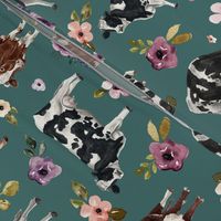Cows and Purple Flowers on Teal - Large