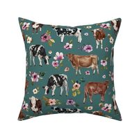 Cows and Purple Flowers on Teal - Large