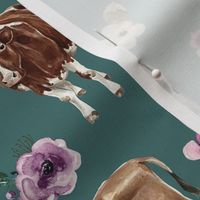 Cows and Purple Flowers on Teal - Large