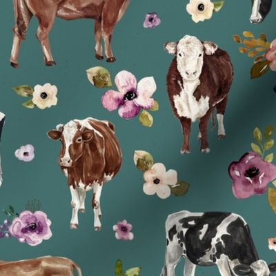 Cows and Purple Flowers on Teal - Large