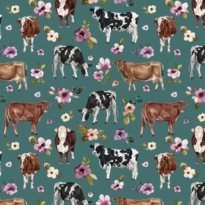 Cows and Purple Flowers on Teal - Large