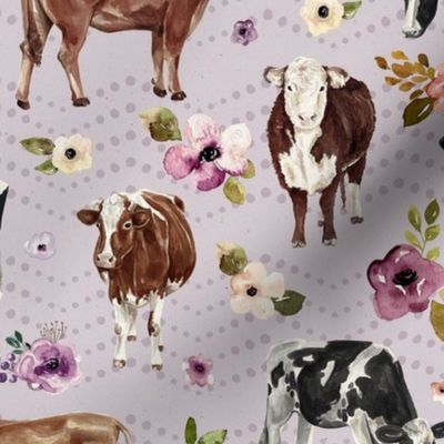 Watercolor Cows and Purple Floral - Large